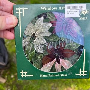AMIA December Poinsettia Suncatcher Hand Painted Glass Window Art 6" vintage